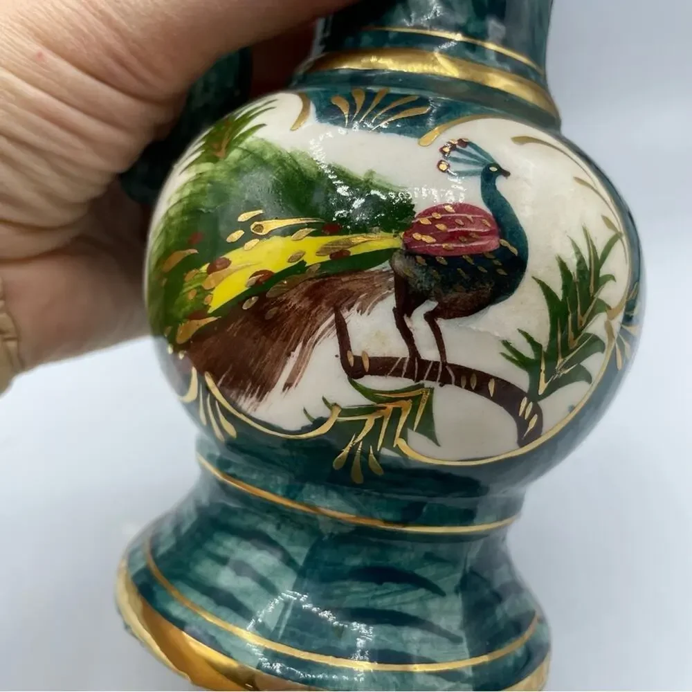 Vintage Hand Painted Peacock Ornate Vase Decor Green Teal Gold Porcelain